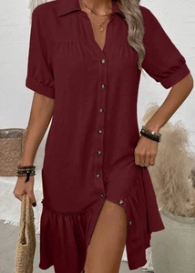 LUNE Solid Color Turn-Down Collar Button Up Dress With Ruffle Hem - Picture 1 of 3