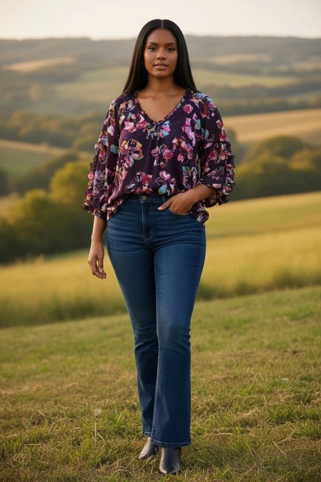 Cato 紫色透明 Slv 4X 花卉束腰衬衫女性小屋浪漫尺寸 26/28 — 第 1/4 张图片