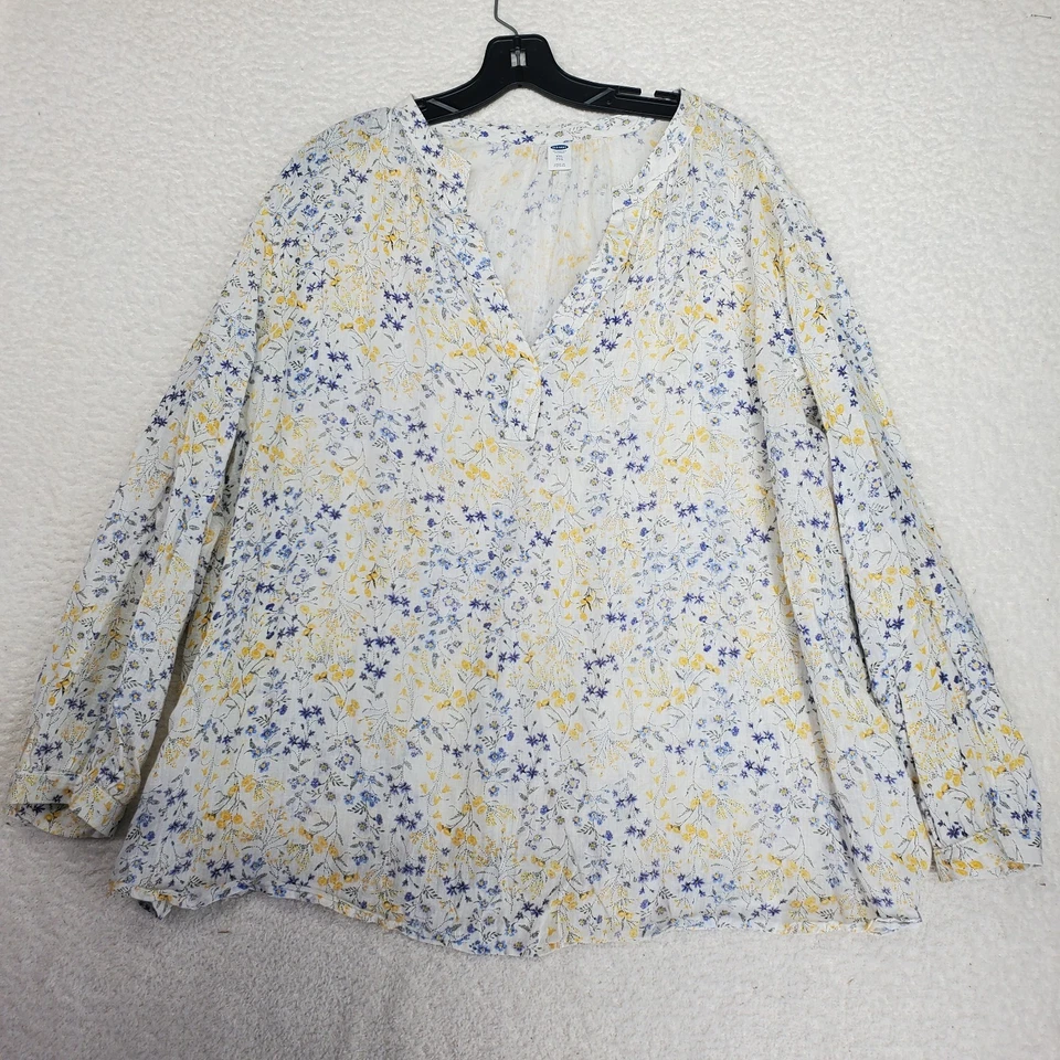 Top de lino para mujer Old Navy de gran tamaño 2XL azul amarillo floral cottagecore boho Foto 1 de 4