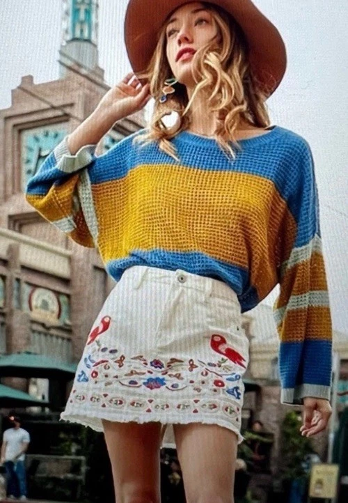 Minifalda UMGEE Talla Grande Blanca Denim Floral Bordada Pájaros Boho Dobladillo Crudo Otoño Foto 1 de 4