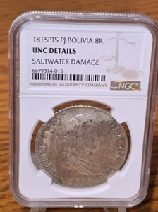 1815 PTS PJ Bolivia Silver 8 Reales - NGC Unc Details saltwater damage - 14-015 - Picture 1 of 2