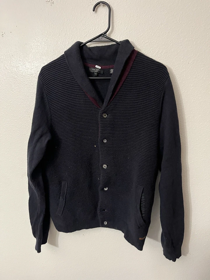 Cárdigan Ted Baker London Para Hombres 4 Pequeño Azul Chal Cuello Clásico Universitario Preppy Foto 1 de 4