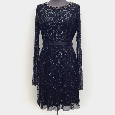 Needle & Thread Sequin Dress Women 10 Black Long Sleeve Knee Length Tulle Mesh - Image 1 of 4