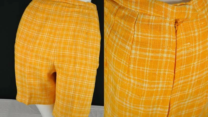 vintage 60s rayon linen lined bermuda shorts yellow plaid preppy retro s M - Image 1 of 1