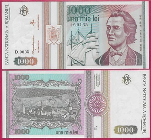 ROMANIA 1,000 LEI 1993 UNC MIHAI EMINESCU 1850-1889,PUTNA MONASTERY,COAT OF ARMS - Picture 1 of 1