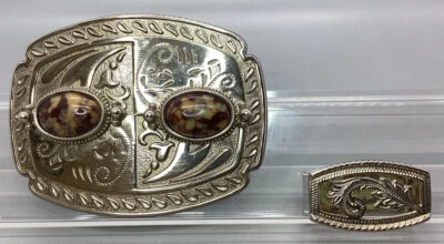 Silvertone Large Belt Buckle - Scroll Design & Natural Stones - Image 1 of 4