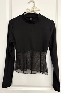 Schwarzes geripptes Netz Schößchen Top Größe S | Langarm Stehkragen Slim Fit Bluse - Bild 1 von 8