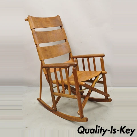 Costa Rican Campaign Style Teak Brown Leather Folding Rocker Rocking Chair Cover