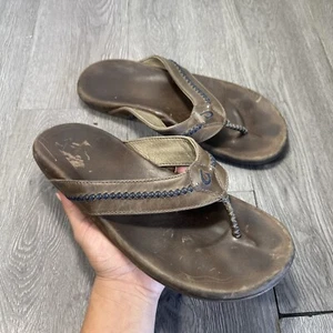 OluKai Mea Ola Brown Blue Leather Embroidered Sandals Flip Flops Comfort Men  10 - Picture 1 of 9