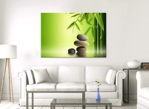 Zen Stones & Bamboo Calming Large Canvas Yoga Spa Wall Art Green Picture Print  - Picture 1 of 2