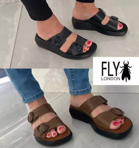 Womens Fly London Bald 849fly Leather Slip On Wedge Sandal Mule Black, Camel - Picture 1 of 21