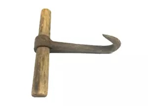 RARE ANTIQUE CAST IRON HOOK WITH WOOD HANDLE HAY BALER / ICE / MEAT HOOK - Picture 1 of 4