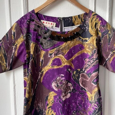 Mini Vestido Marni Algodón Púrpura Floral Cuello Joyas Talla 38 Vestido Ajustado Abstracto  Foto 1 de 4