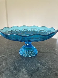 L E Smith Moon and Stars Turquoise Footed Cake Plate Centerpiece Compote Broken - Picture 1 of 8