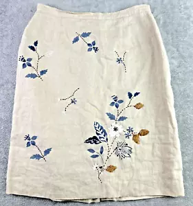Casual Corner 8 27x21 Linen Pencil Skirt Beige Blue Floral Embroidered Beads VTG - Picture 1 of 12