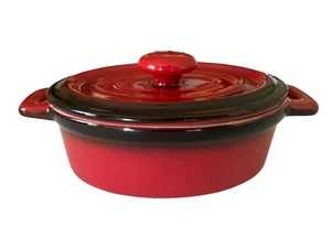 Oval Stoneware Casserole Dish with Lid Red and Black 5 1/2" x 4 -1/4" Depth 2" - Picture 1 of 9