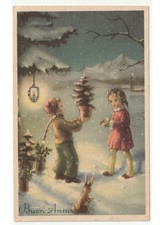cartolina natalizia vintage neve bambini abete agrifoglio coniglio Buon Anno