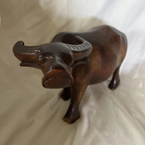 Vintage Hand Carved Water Buffalo Ox Bull Cow Wooden Figurine - Picture 1 of 11