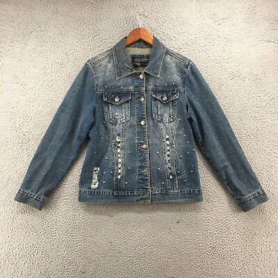 Live A Little Denim Jacket Womens L Blue Cotton Long Sleeve Studded Distressed - Image 1 of 4