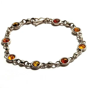 925 Solid Pure Sterling Silver Multicolor Baltic Amber Beautiful Bracelet 7.5 in - Picture 1 of 3