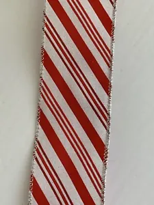 10 Yds Of 2 1/2” Wired Red & White Diagonal Striped Glittered Christmas Ribbon - Picture 1 of 2