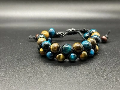 Blue & Yellow Tiger Eye Hemp Double Bracelet Mala Handmade - Image 1 of 2
