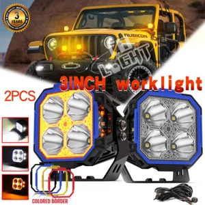 Pair Square 3inch Led Work Lights Amber White Fog Lamp Side Shooter offroad+Wire - Foto 1 di 12