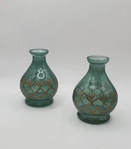 Green Teal Glass Bottles With Decorative Golden Lines Vintage Vase Decorative - Picture 1 of 12