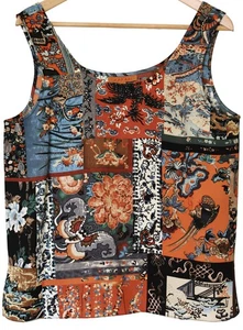 HARARI 100% Silk TANK TOP Patchwork BUTTERFLY FLORAL Scoop Neck SZ M / L - Picture 1 of 3
