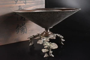 D4163: XF Japanese Old Copper Reishi sculpture FLOWER VASE Ikebana w/box - Picture 1 of 9