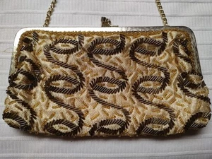 Borsa vintage anni 60 fatta a mano a Hong Kong catena con perline oro sera festa - Foto 1 di 4