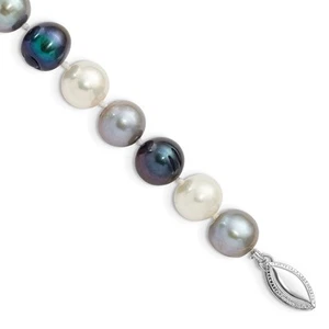 Sterling Silver 8-9mm Black, Green and White Cultured Pearl Bracelet 7.5" 0.18gm - Picture 1 of 2