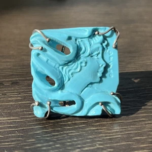 Italy Carved Turquoise Cameo Ring Sterling Silver Signed Goddess Size 7.75 - Picture 1 of 8