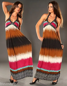 HOLIDAY STUNNING HALTERNECK FULL MAXI MULTICOLORED LONG DRESS SIZE S/M 532  - Picture 1 of 4
