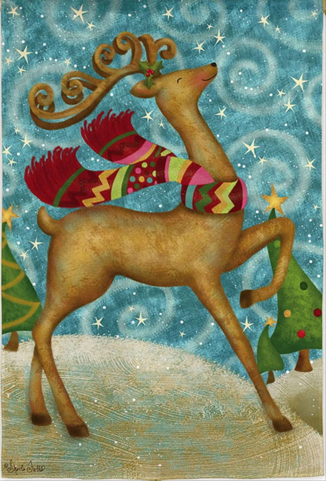 NEW EVERGREEN CHRISTMAS GARDEN FLAG STYLISH WHIMSICAL REINDEER 12.5x18