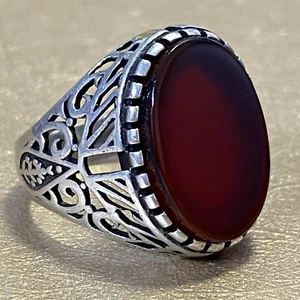 handmade Yemeni Red Agate Men's Ring 925 Sterling Silver Natural Stone عقيق أحمر - Picture 1 of 8