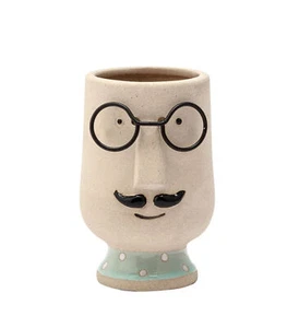 Glasses Mustache Face 4x2x2 in. Beige Black Green Ceramic Planter - Picture 1 of 1