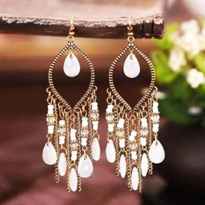 4 inch Bohemian Tassel White Lucite & Crystal Chandelier Earrings - Picture 1 of 2