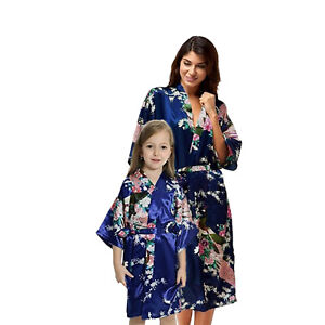 Navy Blue Mommy and Me Robes, Floral, Satin Feel