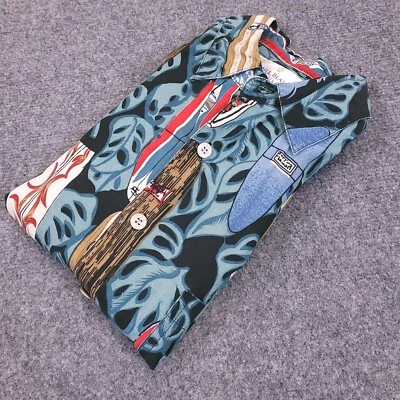 Camisa hawaiana Bill Blass para hombre mediana abotonada mezcla de seda tablas de surf geométricas Foto 1 de 4