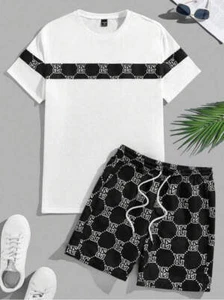 Men's Suit Retro Fashion Letters Printed Round Neck T-shirt Shorts Suit Comforta - Picture 1 of 39