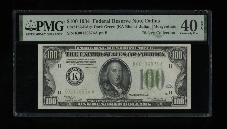 DBR 1934 $100 DGS FRN Dallas Fr. 2152-Kdgs PMG XF-40 EPQ Serial K00136874A - Image 1 of 2