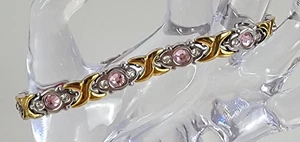 Gold Silver Two Tone Magnetic Bracelet With Pink And Clear Crystal 8.5 in - Picture 1 of 9