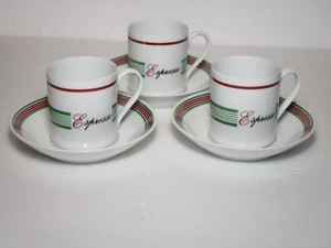 Crown Porcelain PRESTIGE Espresso 3 Cup 3 Saucer Black Letters Red Green Band - Imagen 1 de 7