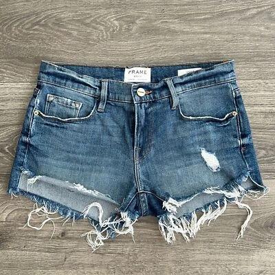 Pantalones Cortos Frame Le Cutoff Talla 25 Azul Valle Lavado Envejecido Corte Crudo Dobladillo Elástico  Foto 1 de 4