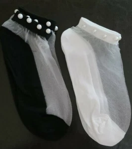 2 ~ Handcrafted Pair ~ Black & White ~ Embellished w/Mesh & Pearls ~ Ankle Socks - Picture 1 of 8