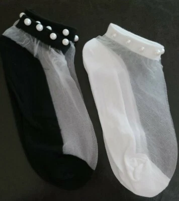 2 ~ Handcrafted Pair ~ Black & White ~ Embellished w/Mesh & Pearls ~ Ankle Socks - Image 1 of 4