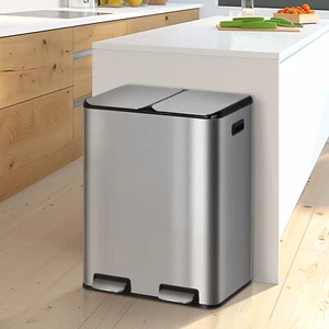 16 Gallon Stainless Steel Trash Can Dual Compartment Step On Kitchen Garbage Bin - Picture 1 of 8