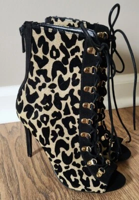 Anne Michelle Stiletto Boots Gold Metallic Animal Print Peep Toe Women SZ 6 EUC - Image 1 of 4