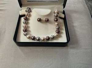 Misaki Pink, Brown And Cream Pearl Necklace & Earring Set NEW - open box - Picture 1 of 4